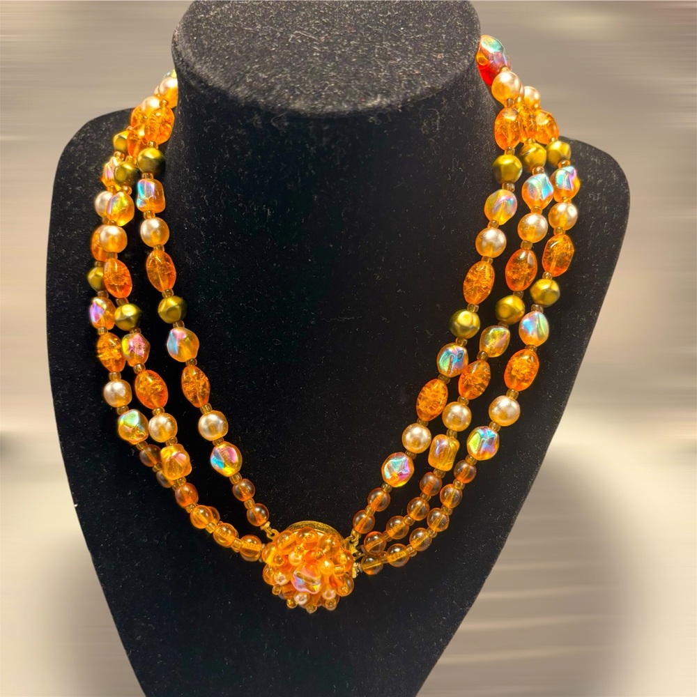 Amber 3 Strand Necklace Triple Strand with Beaded Front or Back Clasp - Picture 2 of 7